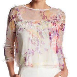 Nordstrom Mimi Chica NWT Size XL Mesh Floral Ruffle Blouse Ivory